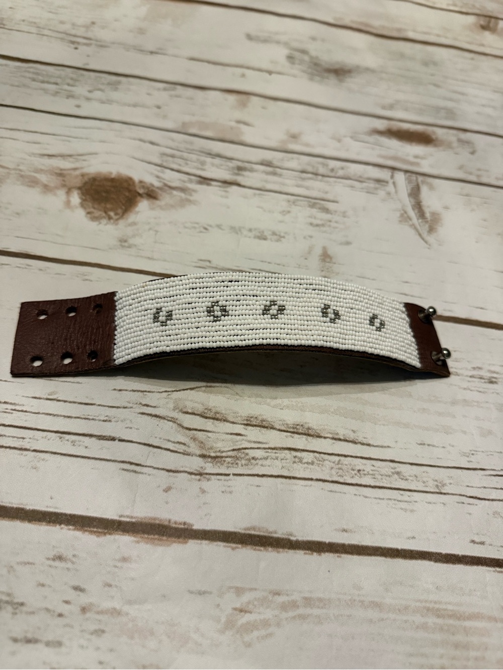 White Beaded Leather Strap Bracelet